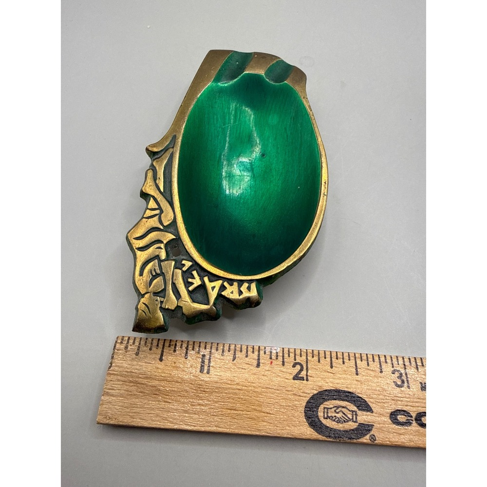 Vintage Israel Brass and Green Enamel Trinket Dish Ashtray Ornate Relief 4in - Picture 6 of 8